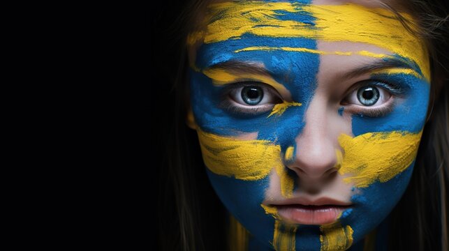 Portrait of a woman , face painted with ukrainian flag 