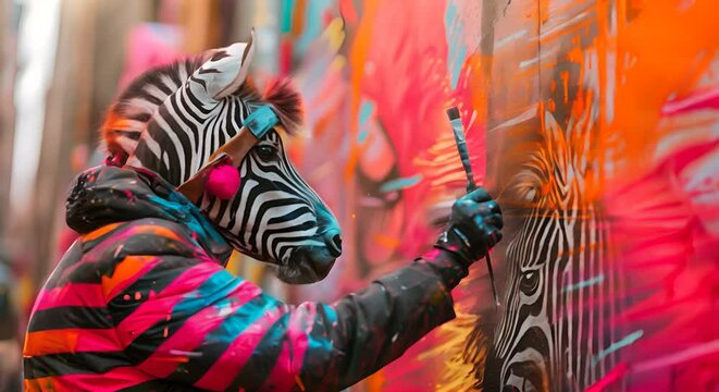 A radiant zebra in a painter's outfit creating a mural on a city wall,