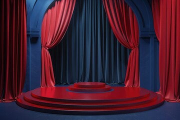 3d render style dark metallic stage podium with red theatre curtains, minimalist for product presentation.