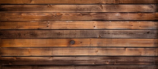 Obraz na płótnie Canvas A closeup shot of a brown hardwood plank wall with a blurred background, showcasing the intricate pattern of the wood grain and tints and shades of the wood stain