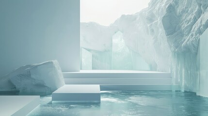 A ice plattform, minimalist podest stage design, frozen walls in the background.