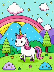 A landscape vector background with a magical unicorn in a whimsical setting.