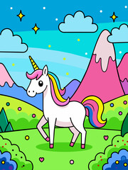 Obraz na płótnie Canvas A whimsical unicorn gallops across a vibrant, ethereal landscape adorned with shimmering stars and billowing clouds.