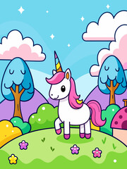 Obraz premium A whimsical unicorn gallops across a vibrant, ethereal landscape adorned with shimmering stars and billowing clouds.