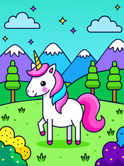 Fototapeta premium A landscape vector background with a magical unicorn in a whimsical setting.