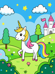 Obraz na płótnie Canvas A majestic unicorn gallops through a vibrant, ethereal landscape adorned with rainbows and twinkling stars.