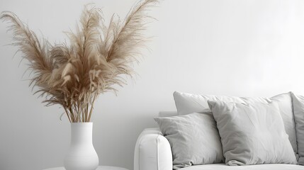 Pampas grass in decorative ceramic vase on table near gray sofa and white wall. Interior design of modern living room. Background with space for text. - obrazy, fototapety, plakaty