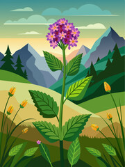 Verbena vector landscape background with blooming purple flowers and lush greenery.