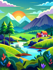 Fototapeta na wymiar The serene vector landscape background depicts a tranquil valley with rolling hills, lush greenery, and a clear blue sky.