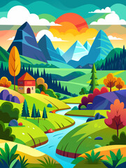 The serene vector landscape background depicts a tranquil valley with rolling hills, lush greenery, and a clear blue sky.