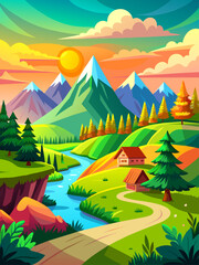 Tranquil vector landscape featuring a serene lake and rolling hills.
