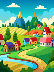 A picturesque vector landscape of a tranquil village nestled amidst rolling hills and lush greenery.