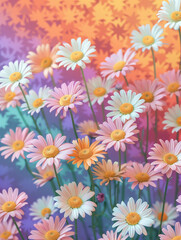 Fototapeta premium White daisy flowers, flat lay, warm colors, rainbow background