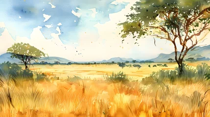 Zelfklevend Fotobehang Watercolour illustration of an african landscape of the savanna, artistic modern and simple background  © Ziyan Yang