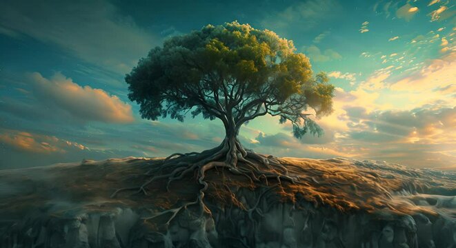 Conceptual art of a lone tree with roots intertwining with technology