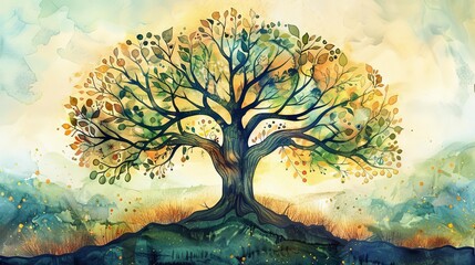 A majestic tree of life stands tall, its branches a tapestry of diverse cultures and traditions, watercolor illustration