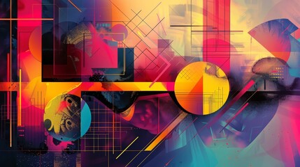 Abstract digital artwork with floating geometric shapes, dynamic lines in vibrant colors