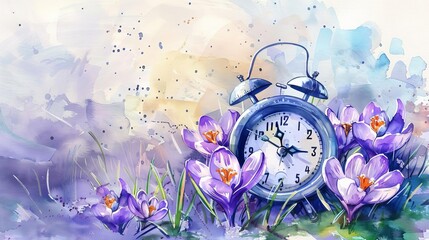 Alarm Clock Among Blooming Crocuses, Spring Forward Concept, Daylight Saving Time, First Spring Flowers, Digital Watercolor Painting - obrazy, fototapety, plakaty