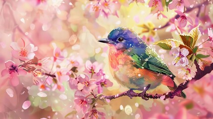 Colorful Songbird Perched in Cherry Blossoms, Springtime Nature Scene, Digital Watercolor Illustration