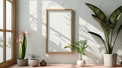 a modern mock up photo of a thin-framed wooden picture frame sitting on a peach dresser leaning against a white wall, snake plant - obrazy, fototapety, plakaty