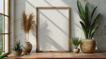 a modern mock up photo of a thin-framed wooden picture frame sitting on a peach dresser leaning against a white wall, snake plant - obrazy, fototapety, plakaty