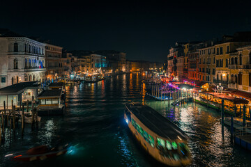 Night landscape of Great Canal of Venice, Italy. With ships and colorful lights
