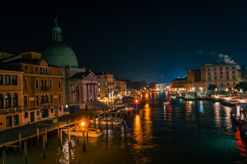 Naklejka premium Night landscape of Great Canal of Venice, Italy. With ships and colorful lights