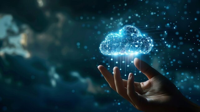 Futuristic Cloud Computing Concept, Human Hand Touching Glowing Digital Data Connection, Big Data Visualization