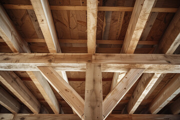 Wood framing beams stick framework of a built house under construction Generative AI