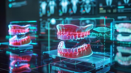 Multiple Holographic Displays Showing Dental Structure Cross-Sections for Dentist Analysis, Futuristic Medical Illustration
