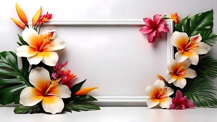 Frame with tropical flowers on white background. Nature copy space area background.