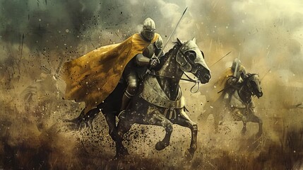 Valiant knight on horseback, charging into battle, digital medieval illustration - obrazy, fototapety, plakaty