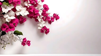 Bougainvillea flowers on white wall background illustration. Flowers copy space area background.