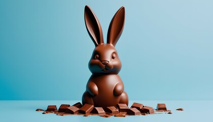 Blue easter background with a chocolate easter bunny