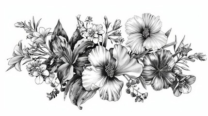 Vintage Botanical Illustration with Detailed Floral Arrangement, Antique Scientific Drawing Style, Monochromatic Pen and Ink Artwork