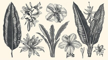 Vintage Botanical Illustration of Exotic Tropical Flowers and Leaves, Detailed Pen and Ink Drawing