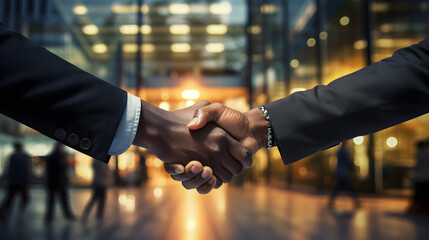 two America men in suits shaking hands,say goodbye in front of the main entrance of the office building, focus on two hands - obrazy, fototapety, plakaty
