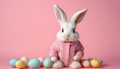 Fototapeta na wymiar Cute bunny in a pink sweater among colorful easter eggs