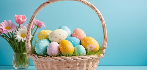 Fototapeta na wymiar Easter basket full of easter eggs among spring flowers on a blue background