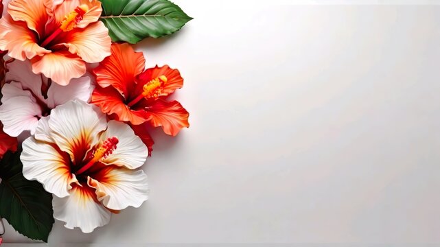 Frame with Hibiscus flowers on white background. Nature copy space area background.