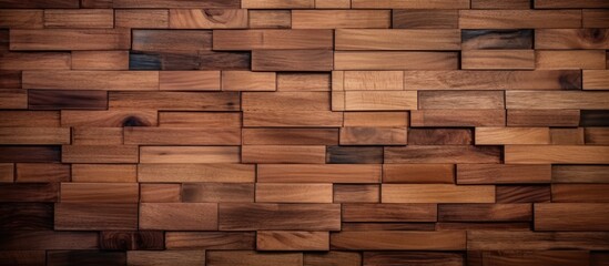 A closeup of a brown hardwood wall made of rectangular wooden blocks. The wood stain enhances the...