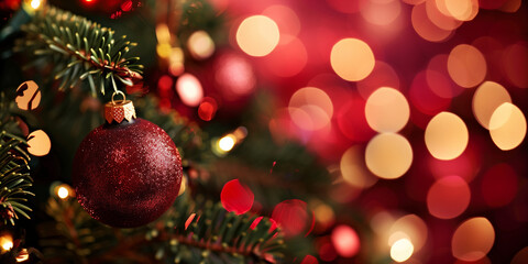 Obraz na płótnie Canvas christmas background with christmas ornament and bokeh lights pine tree red color