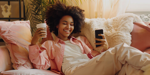 young black woman online shopping by phone from the sofa - obrazy, fototapety, plakaty