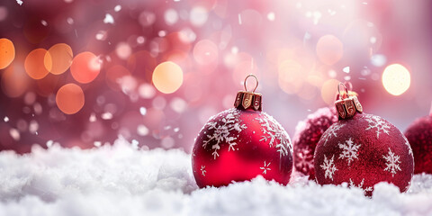 christmas background with red christmas ornament in the fresh snow and bokeh lights