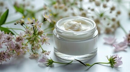 whitening and moisturizing Face cream in an open glass jar and flowers on white background. Set for spa, skin care and body products and solutions for skin problems such as scars, acne, wrinkles.