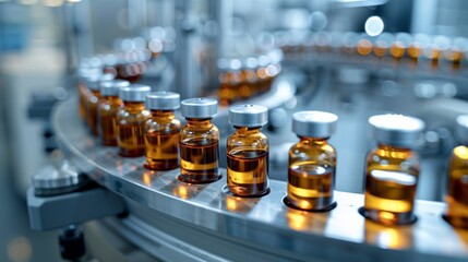 Medical vials on production line at pharmaceutical factory, Pharmaceutical machine working pharmaceutical glass bottles production line, health care, pandemic.