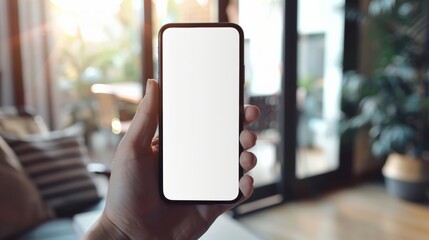 Mobile phone mockup with blank white screen in human hand, 3d render illustration put on a sweater, hold a smartphone Mobile digital device in arm isolated on white. - obrazy, fototapety, plakaty