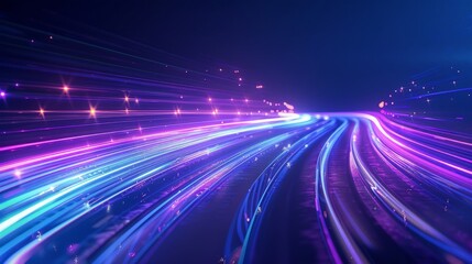 Abstract technology futuristic glowing blue and purple light lines with speed motion blur effect on dark blue background