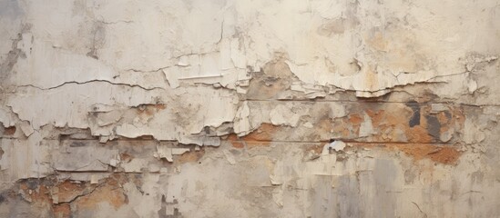 A detailed closeup of a weathered wall with peeling paint, showing the intricate textures and patterns formed by natural decay