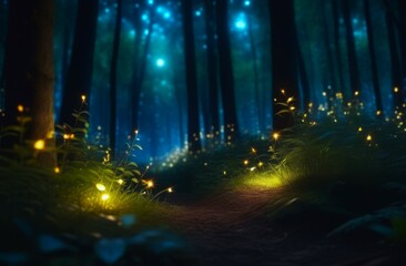 Abstract and magical image of fireflies flying in the night forest, blurred trees in background. concepts: Earth day, forest day, night adventure, fantasy forest, nature illumination, mystical path.